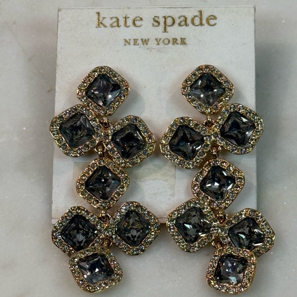 NWT Kate Spade Gray Crystal & Gold Dangle Chandelier Earrings - Picture 2 of 4